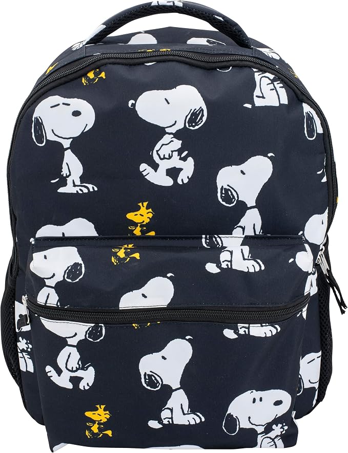 AI ACCESSORY INNOVATIONS Peanuts 16” Backpack With Front Pocket for Girls & Boys, Allover Print Bookbag Featuring Snoopy & Woodstock, Black
