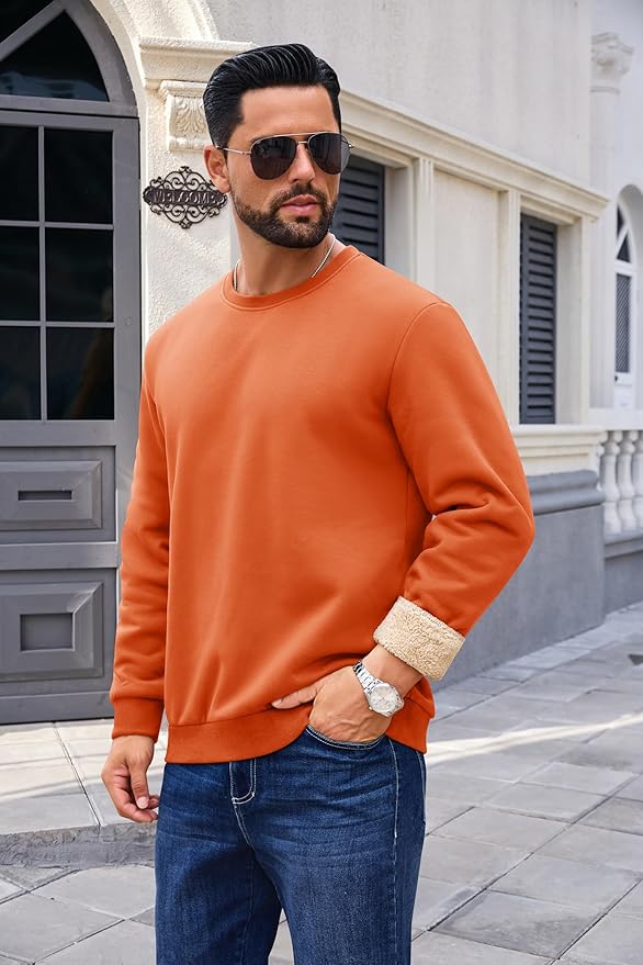 Boladeci Men's Full Sherpa Lined Crewneck Sweatshirts Heavy-weight Fleece Pullover Thick Thermal Long Sleeve Cotton