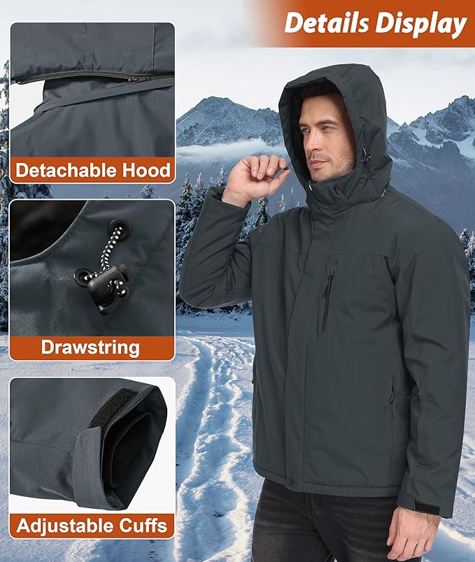 Mens Winter Snow Jacket Waterproof Ski Jackets Snowboard Rain Warm Coat Insulated Hood Fleece Lined