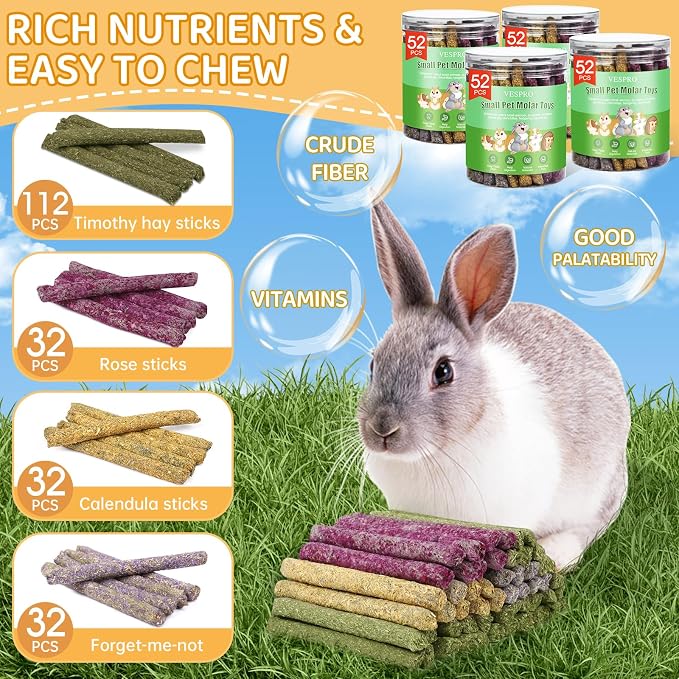 208Pcs Rabbit Chew Sticks, Guinea Pig Toys, Natural Timothy Hay Teeth Stick | Rabbit Bunny Chew Sticks Toys for Teeth Mixing Flowers, Roses, Calendula and Forget Me Not, Small Animals Treats