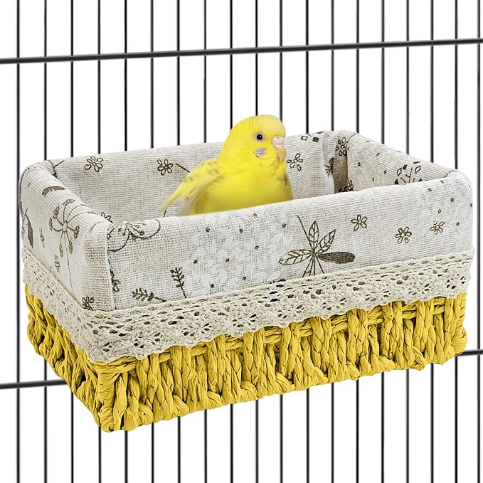 kathson Bird Nest Parrot House Birds Sleeping Bed Straw Weave All Season Hanging Hammock Bird Bed Snuggle Hut Birdcage Accessories for Parakeets Budgies Cockatiels Conures Quaker Parrot(Yellow)