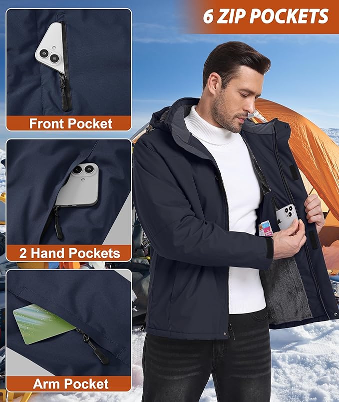 Mens Winter Snow Jacket Waterproof Ski Jackets Snowboard Rain Warm Coat Insulated Hood Fleece Lined