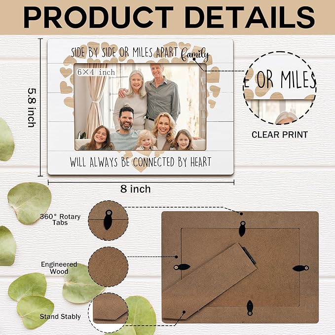 Family Heart Picture Frames, Gifts for Family Mom Dad Grandma Grandpa, Housewarming Gifts, Long Distance Wooden Photo Frames, Side by Side or Miles Apart Picture Photo Frame for Desk Table 4X6 Photos