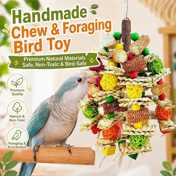Parrot Chew Toy, Natural Material Bird Foraging Toy for Conures, Quaker Parrots, Medium-Sized Birds - Colorful Hanging Shredding Toy with Woven Ball, Corn Cob and Wooden Beads