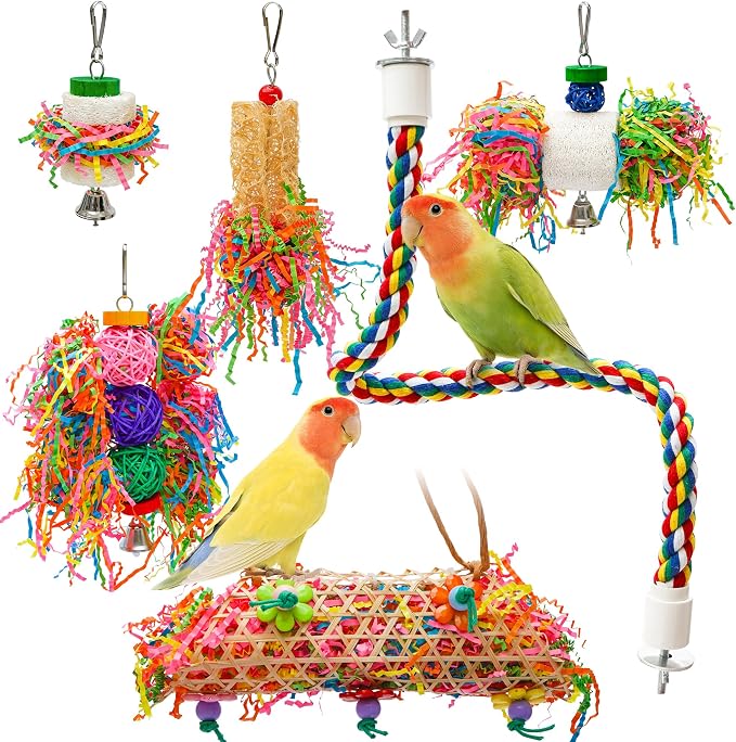 6PCS Bird Parrot Foraging Toys with Rope Perch Parakeet Chewing Hanging Toy Shredded Paper Cage Accessories for Small Parrots Parakeets Conures Cockatiels Love Birds Cage Toy