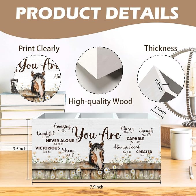 DILSJ Inspirational Horse Pen Pencil Holder Organizer for Desk, Horse Gifts for Women, Be Kind Be Brave Decor Wooden Box Signs for Home Office Desk Tabletop Decoration