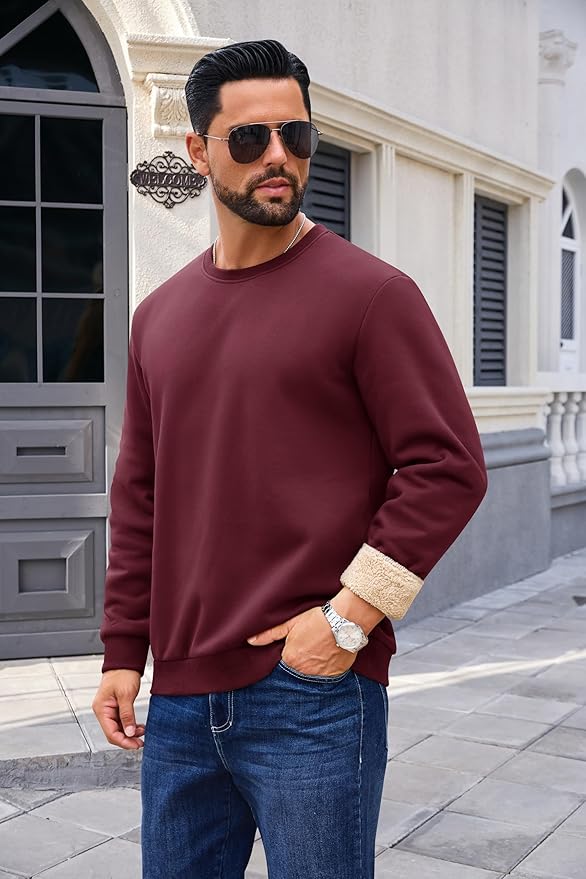 Boladeci Men's Full Sherpa Lined Crewneck Sweatshirts Heavy-weight Fleece Pullover Thick Thermal Long Sleeve Cotton