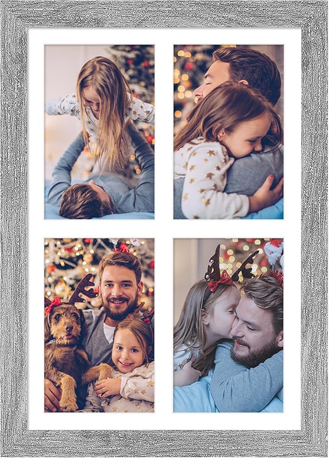 9x13 Collage frame with 4 Openings 4X6 Pictures, Multiple Picture Frame with Mat, Wall or Tabletop Decor, Grey Wood Grain (1 Pack)
