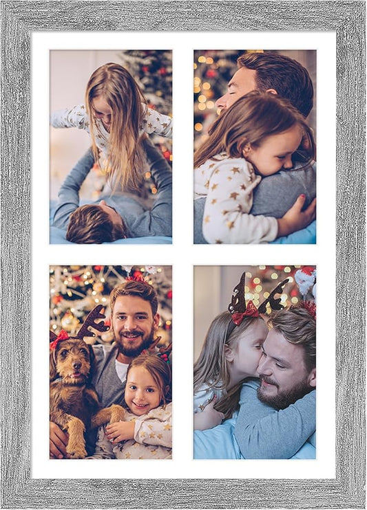 9x13 Collage frame with 4 Openings 4X6 Pictures, Multiple Picture Frame with Mat, Wall or Tabletop Decor, Grey Wood Grain (1 Pack)