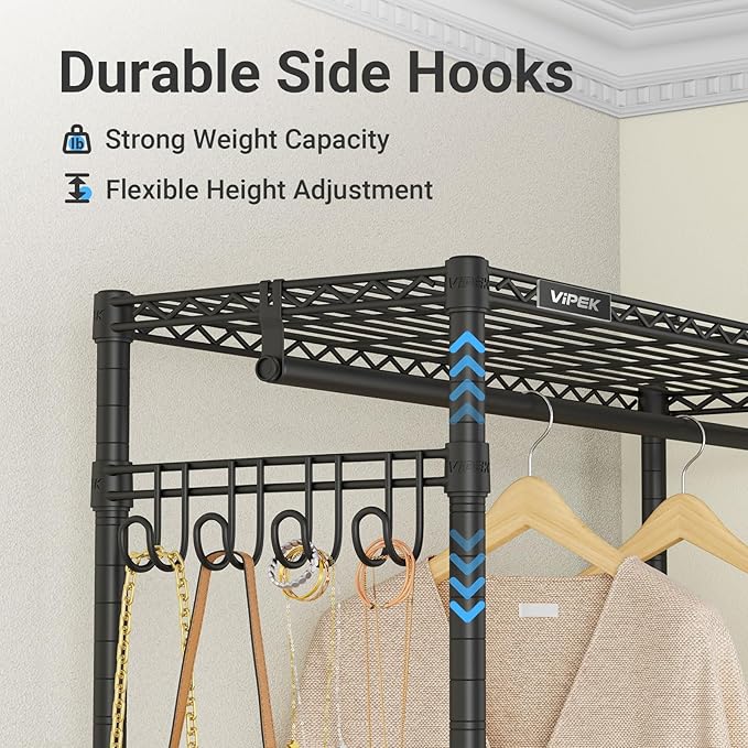VIPEK L4L Portable Closet with Dimmable LED Lights, L Shaped Clothes Rack for Corner Space-Saving Storage, 3 Hanger rods for Hanging Heavy Duty Coats, Max Load 810LBS, Black