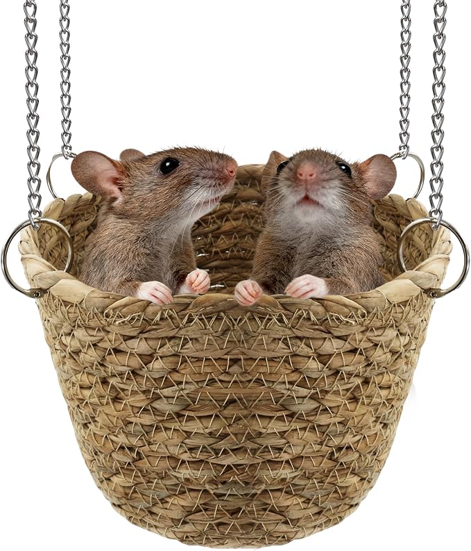 Natural Grass Rat Hammock for Cage, Tightly Woven Non-Collapse | Chew Proof Rodent Hammock for 1-2 Rats to Snuggle, Hanging Bowl-Shaped Rats Cage Bed with Sturdy Hooks for Full Protection