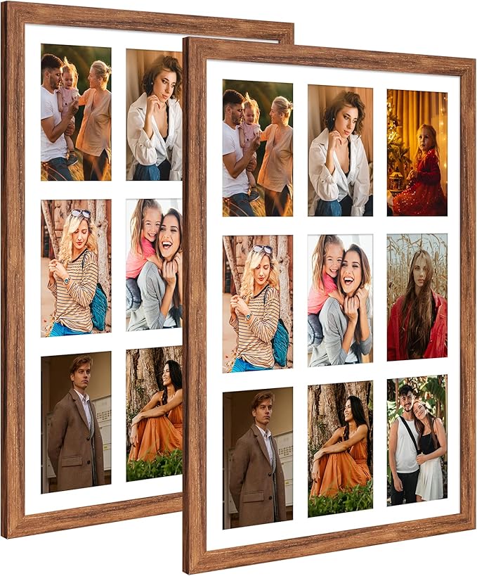 13.5X19.5 Collage frame with 9 Openings 4X6 Pictures, Multiple Picture Frame with Mat, Wall or Tabletop Decor, Carbonized Brown Wood Grain,2 Pack
