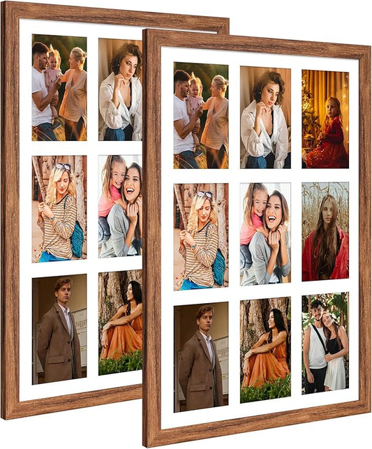 13.5X19.5 Collage frame with 9 Openings 4X6 Pictures, Multiple Picture Frame with Mat, Wall or Tabletop Decor, Carbonized Brown Wood Grain,2 Pack