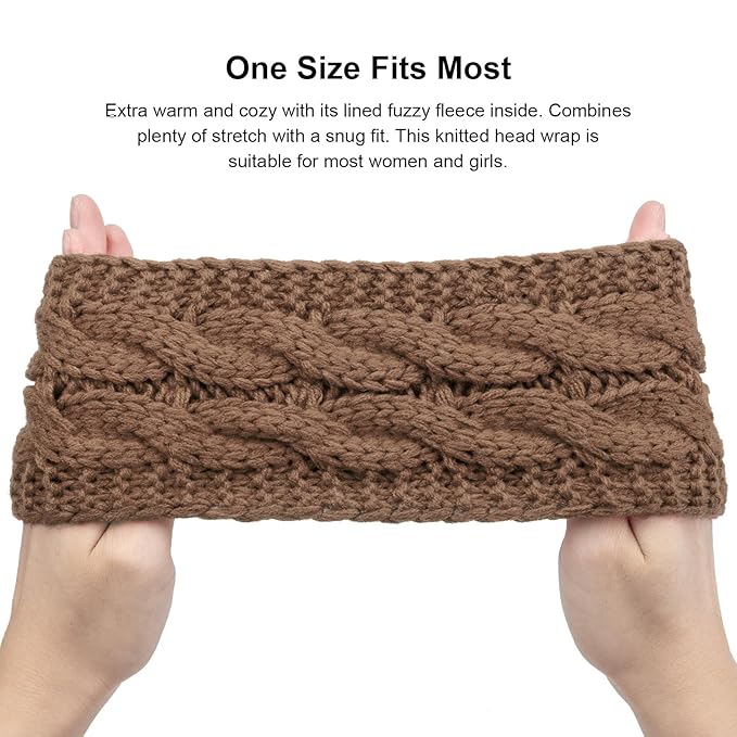 AQOKKA Knit Winter Headbands for Women Fuzzy Wool Fleece Lined Ear Warmers Elastic Turban Crocheted Head Wrap Winter Accessories for Women Cold Weather