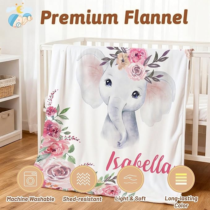Personalized Elephant Rose Baby Blankets, Custom Baby Blanket with Name for Baby Girl, Newborn Baby Girls Blankets Custom, 30"x40"