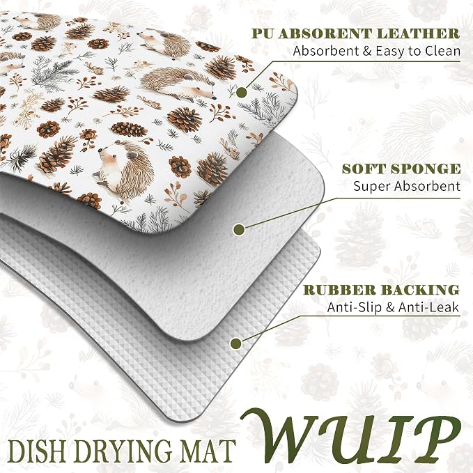 Cute Hedgehog Dish Drying Mats for Kitchen Counter, Hedgehog Gifts, Nature Pine Cone Absorbent Reversible Coffee Bar Mat Drying Pad for Kitchen Decor, 12x15 Inch