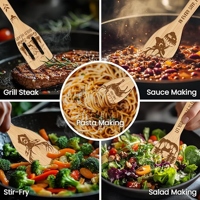 CUTHOLLOW 6PCS Deer Wooden Kitchen Cooking Utensil Set, 11.9in Non Toxic Bamboo Wood Spoon Set for Cooking, Best Housewarming Birthday Thanksgiving Christmas Gift for Women Mother