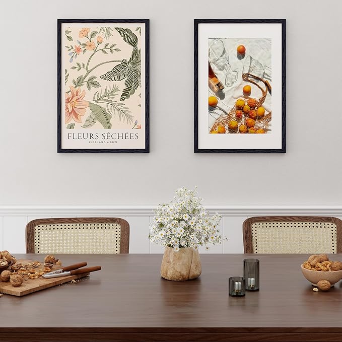 Fun Memories Black 16x24 Picture Frame, Oak Wood 16 x 24 Poster Frames Set of 2, Rustic 16 by 24 Frame for Wall, 16x24 Frame with Mat for 12x18, Tempered Real Glass