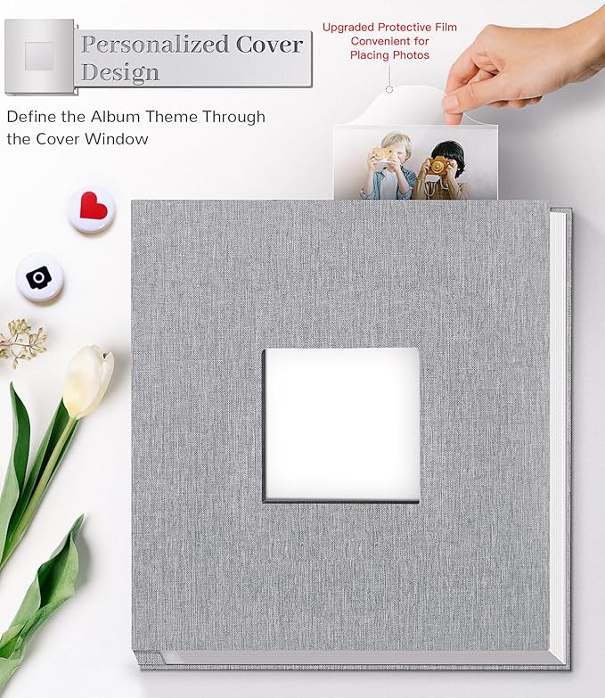 Photo Album Self Adhesive Scrapbook Album for 3x5 4x6 5x7 8x10 Pictures,60 Pages Linen Cover with Display Window DIY Photo Book,Ideal Gifts for Family Travel Wedding Baby