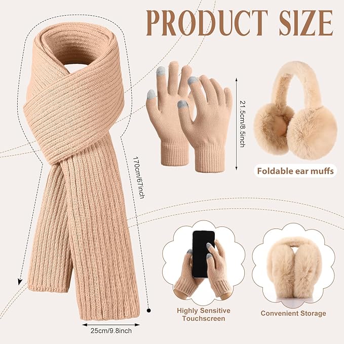 Geyoga 6 Pcs Winter Warm Set for Women Warm Beanies Hats Touchscreen Gloves Long Scarf Ear Muffs Socks Winter Gifts for Women