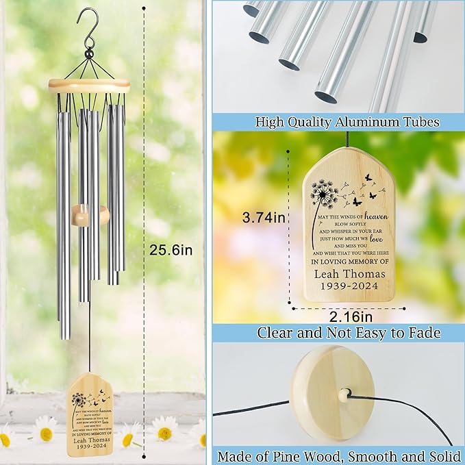 May The Winds of Heaven Blow Softly Sympathy Wind Chime | Personalized Memorial Wind Chimes | Wind Chimes for Loss of Loved One | Custom in Loving Memory | Gifts for Loss of Father, Mother, Family