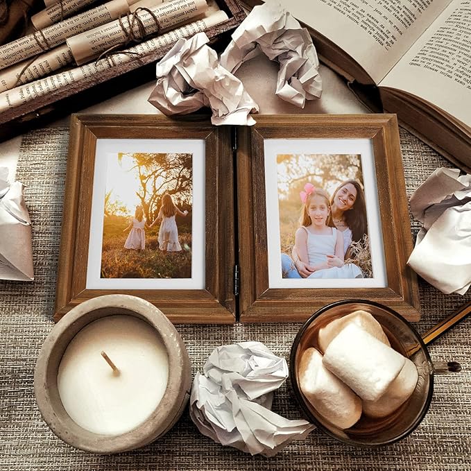 4x6 Double Horizontal Hinged Picture Frame Folding Photo Frame in Distressed Farmhouse Wood Grain Pine Wood with Real Glass for Tabletop X2-MU-2H46