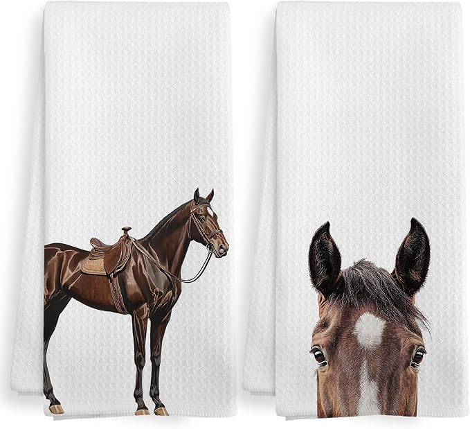 Funny Horse Kitchen Towels and Dishcloths Sets of 2, Horse Decor Gifts for Girls Room Home, Farmhouse Rustic Cabin Farm Nursery Home Decor Dish Hand Tea Towels for Bathroom Kitchen, 16x24Inch