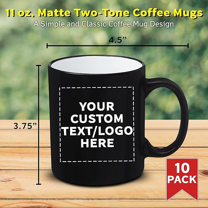 DISCOUNT PROMOS 10 Matte Two-Tone Coffee Mugs Set, 11 oz. - Customizable Text, Logo - Stoneware, Drinkware, Durable, C-handle - White