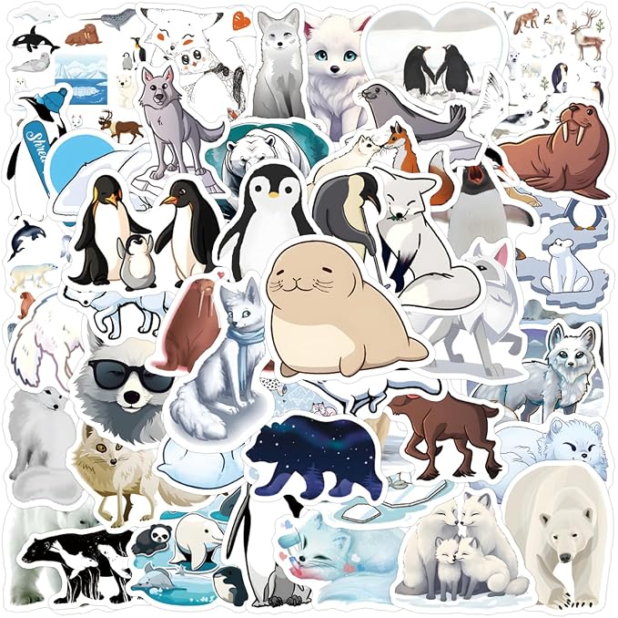 60Pcs Artic Animals Sticker, Cute Stickers for Kids Teens Adults, Vinyl Cartoon White Animals Decals Kawaii Sticker for Decor Water Bottles Laptops Guitar Scrapbook