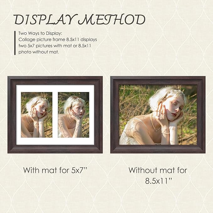 8.5x11 Picture Frame 5x7 Collage Picture Frame Displays Double 5x7 inch Photos or 8.5x11 Certificate (Without Mat) Wall Decor or Tabletop Walnut