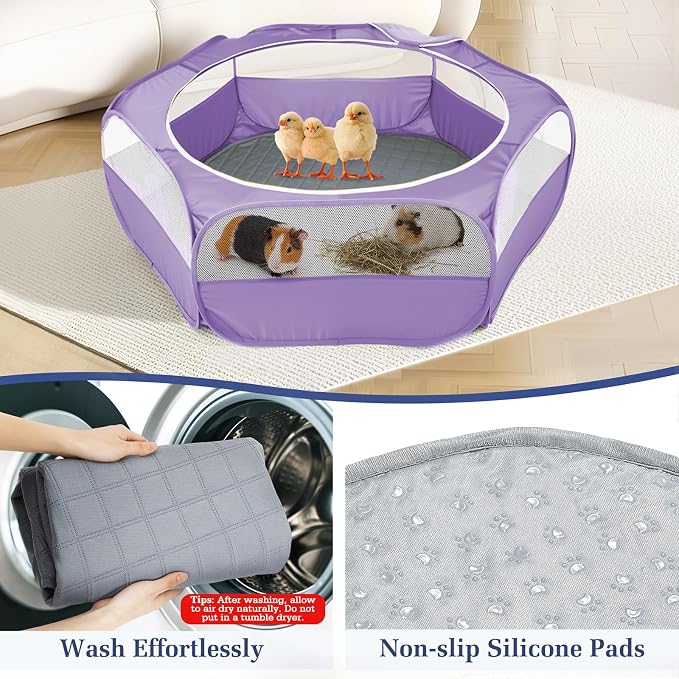 Pawaboo 2-in-1 Small Animals Playpen with Pad, Purple+Gray | Waterproof, Reusable Pad, Portable Outdoor Yard Fence with 3 Metal Rod, For Chick/Kitten/Guinea Pig/Rabbits/Chinchillas