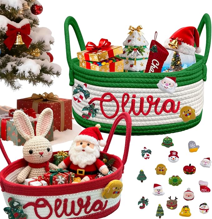 Personalized Christmas Baskets with Name Custom Cotton Rope Basket for Xmas Decor with Family Customizable Woven Gift Basket for Holiday Christmas Dec, Baby Shower, L