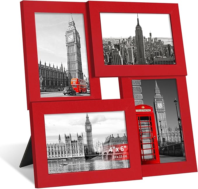4x6 Collage Picture Frame,4 Photo Frame with Real Glass,Family Picture Frame Collage Wall Hanging or Tabletop Display,Red