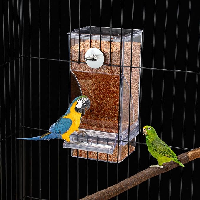 Yaomiao 4 Pcs No Mess Small Bird Feeders Automatic Parakeet Water Dispenser Clear Quail Feeder and Watered Cage Accessories for Small and Medium Parakeet Cockatiel Canary(Seed Feeder,Transparent)