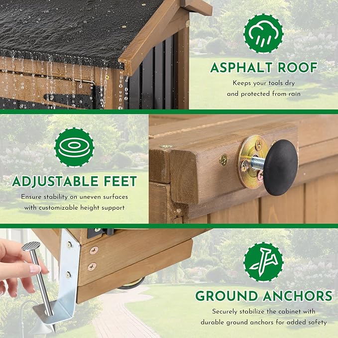 Ketive Outdoor Storage Cabinet, Wood & Metal Garden Cabinet with 3 Adjustable Shelf, Weather-Resistant Roof, Lockable Doors & Adjustable Feet for Patio, Garden, Farm (33" L x 21" W x 69" H)