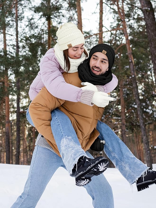 Winter Beanie Hat Scarf Gloves, Warm Fleece Knit Hats Touch Screen Gloves Neck Scarf Set Winter Gifts for Unisex Adult