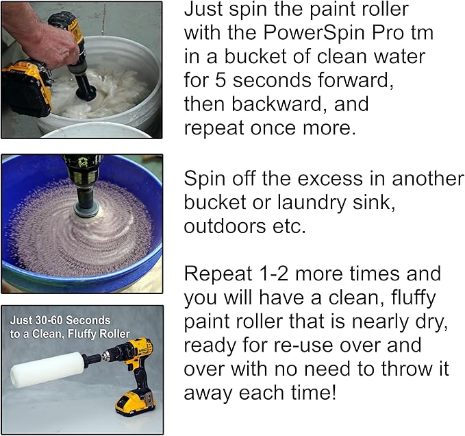 PowerSpin Pro™ 30 Second Paint Roller Cleaner & Spinner - Drill Powered Centrifugal Washer for Fast Cleanup & Reuse - Fits 1/4" to 1/2" Drills - Professional Painting Tool