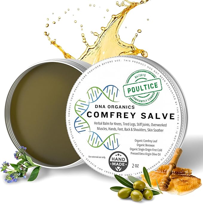 DNA Organics Comfrey Salve Ointment 2oz – Organic Herbal Salve for Bones, Muscles, Joints, Knees, Skin & Tattoo Care. Herbal Balm for Soothing Relief. Handcrafted, Slow-Infused, No Chemical Fillers