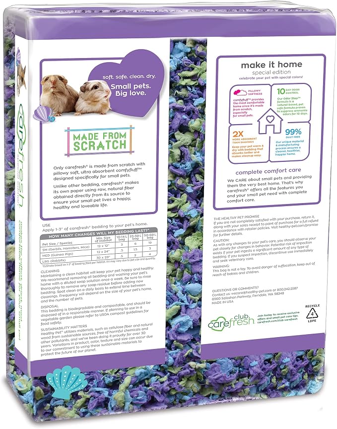 Carefresh Sea Glass Natural Paper Small Pet Bedding, Odor Control 50L | 2X more absorbent, 99% dust free, odor control, Biodegradable and compostable, For hamsters, rabbits and guinea pigs