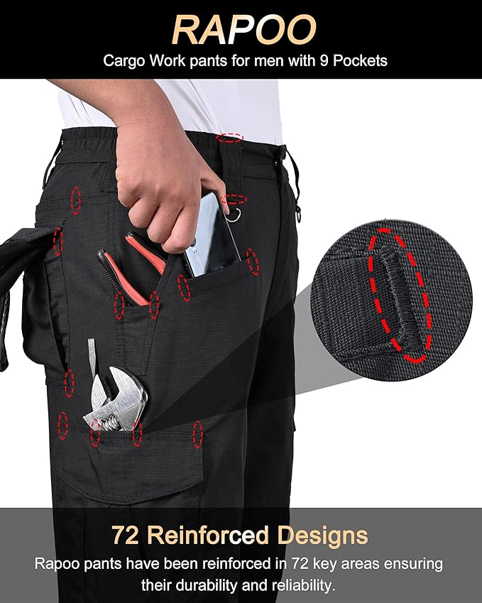 Rapoo Ripstop Water Resistant Cargo Tactical Pants for Men EDC Hiking Work Military Army Pants with 9 Pockets