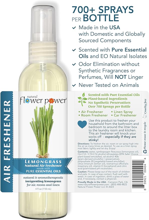 Natural Flower Power Air Freshener Spray - Odor Eliminator with Essential Oils for the Home, Car & Fabric - Cruelty Free & Vegan - 2 Pack with Lavender and Lemongrass - 2 x 4 oz