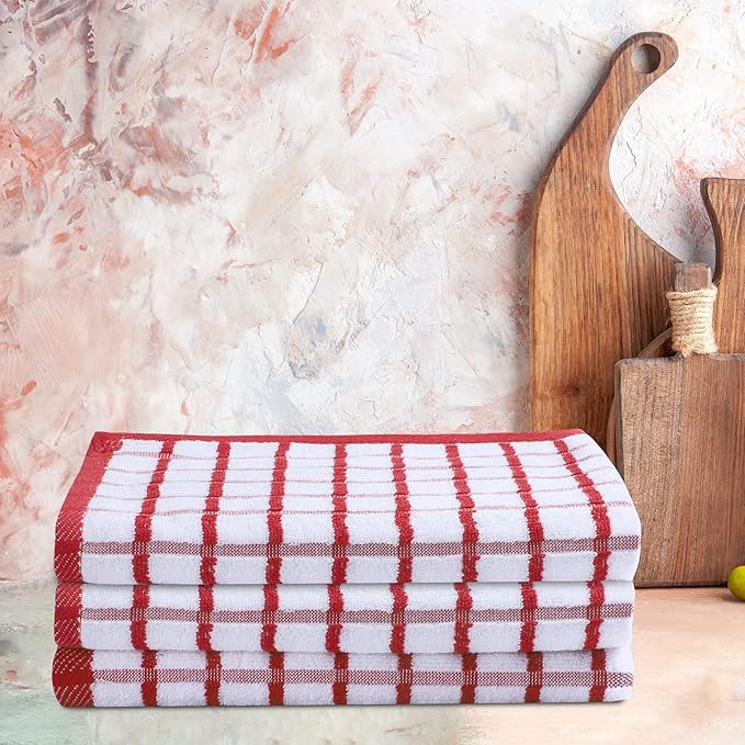Urban Villa Kitchen Towels Red/White Set of 3 Terry Kitchen Towels 100% Cotton Ultra Soft Size 20X30 Inches Highly Absorbent Over Sized KitchenTowels with Hanging Loop KitchenTowels