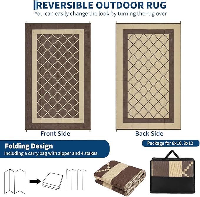 Waterproof Outdoor Rug 8x10 Reversible Plastic Straw Rug Modern Geometric Large Floor Carpet Lightweight Foldable Camping Mat for Outdoors RV Patio Backyard Picnic Brown/Coffee