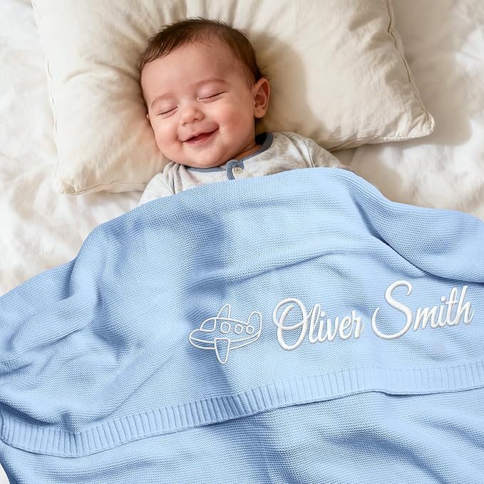 Personalized Baby Blanket with Name - Custom Embroidered Knitted Swaddle Receiving Blanket, 30x40 Inch, Soft Organic Cotton, Unique for Newborn, Birthday, Christmas