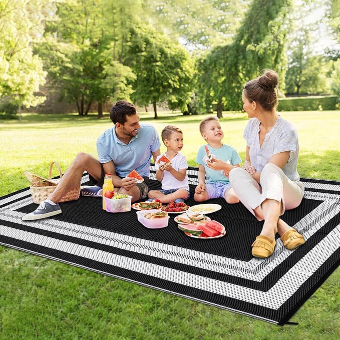 Patio Modern Border Outdoor Rug 10x14 Waterproof Large Reversible Camping Mat Foldable Lightweight Plastic Straw Outdoor Rug for Deck, Picnic, Porch, Camper, Balcony, Beach, Rv，Black/White