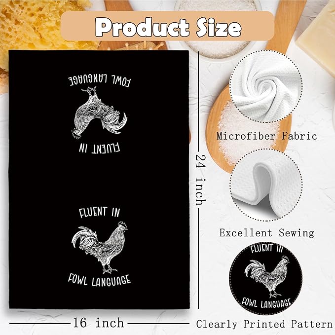 Chicken Kitchen Towels Funny Black Dish Towel with Sayings 16x24 Inches, Chicken Lovers Gifts Decorative Absorbent Dishcloths Tea Towels for Kitchen Bathroom Decor, Humorous Gifts for Women Men