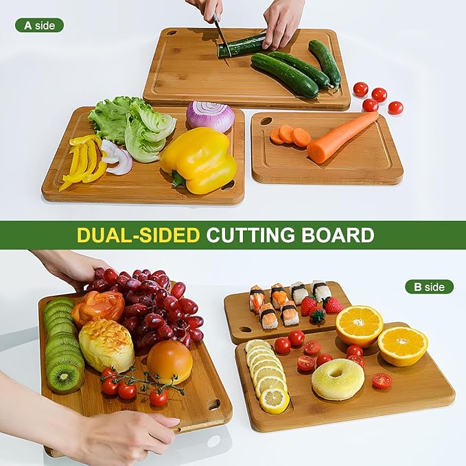 Bamboo Cutting Board Set of 3 for Kitchen, Chopping Boards with Juice Groove & Built-in Handles, Perfect for Meat, Vegetables, Fruits, Kitchen Gift for Home Cooks & Chef, Dark Brown