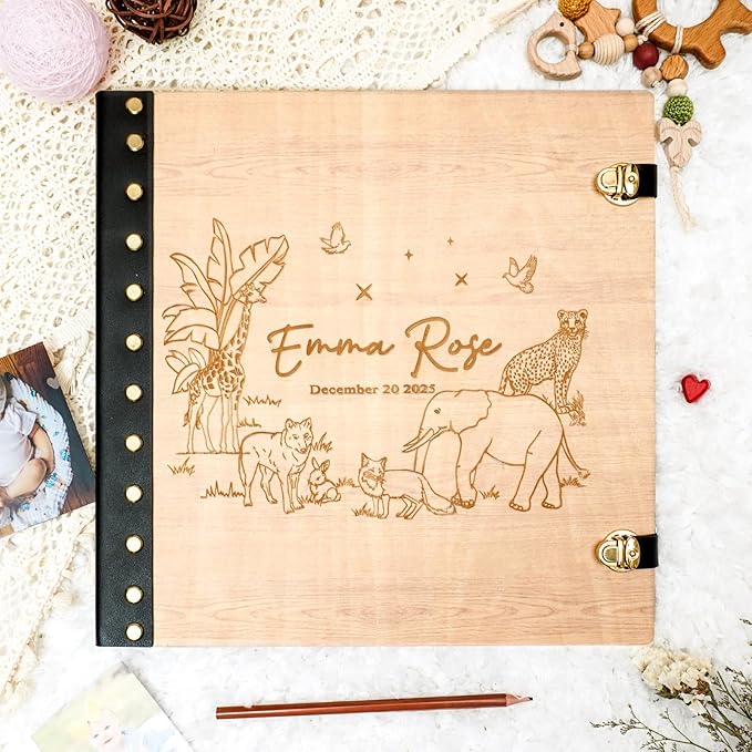 Personalized Photo Album 4x6 Pictures - Wooden Photo Album Book - Custom Family Scrapbook Album,Baby Album and Memory Book - Unique Gift for Wedding Kids Travel Family Birthday