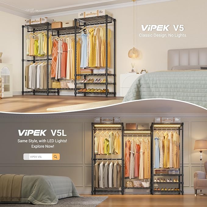 VIPEK V5 Portable Closet Wardrobe Heavy Duty Clothes Rack, Freestanding Clothing Rack with 4 Hang Rods & 8 Shelves, Adjustable Closet Racks, 68.9" L x 15.7" W x 76.4" H, Max Load 890LBS, Black