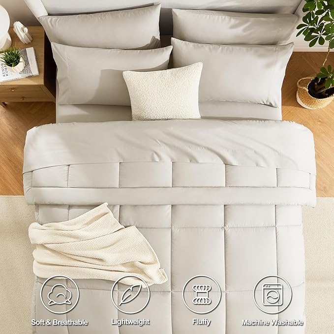 CozyLux Twin XL Comforter Set Beige, 5 Pieces Twin Extra Long Bed in a Bag for College Dorm, All Season Bedding Set with Stitch Quilted Comforter, Flat Sheet, Fitted Sheet, Pillowcases